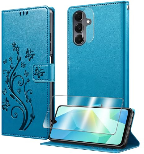 TTYSHTT for Samsung Galaxy A17 Case Wallet with Tempered Glass Screen Protector &Camera Lens,Card Holder Slots Wrist Strap TPU Interior Protective Shockproof,PU Leather Folio Flip Cases Cover,Blue