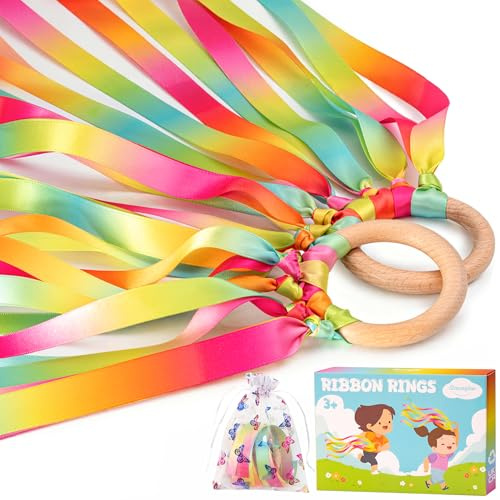 Dawnglow 2Pcs Ribbon Hand Kites, Gymnastics Dance Ribbons,Dancing Streamer with Wood Ring for Artistic Dance, Gymnastics, Entertainment, Decoration and Party - Neon Pulse