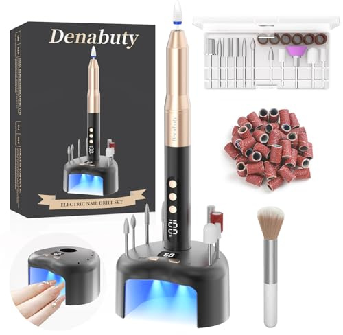 Denabuty Fresa per Unghie, Lima Elettrica per Unghie Professionale Senza Fili con con Lampada UV e LED Display, 35000 Giri, 12 In 1 Manicure Pedicure Kit Ricaricabile per Semipermanente Gel Nero