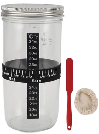 Yosoo Pot à Levain avec Outils, Pot en Verre de 34oz pour Levain de Pain avec Couvercle, Bande de Marquage de Date D'Alimentation, Thermomètre