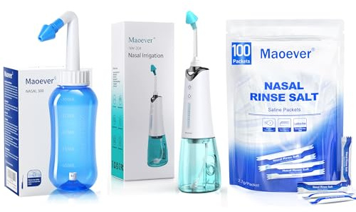 MAOEVER Neti Pot and Nasal Irrigation System with 170 Nasal Wash Salt Packets Sinus Rinse Bottle Electric Neti Pot Pressure Rinse Nasal Irrigation for Adult & Kid 300 ML Sticker Thermometer