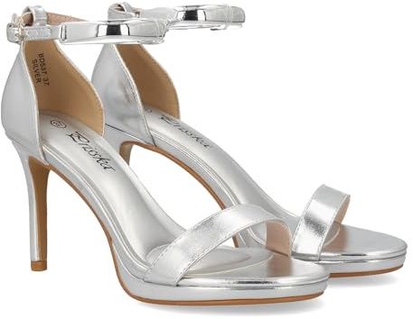 99376 Sandalia de tacon para mujer con diseno elegante, para ocasiones especiales y eventos destacados. Tira ancha en el tobillo metalizada, Cierre de hebilla y tacon alto de aguja. Plata Talla 37