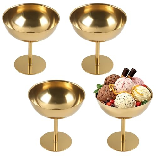 YedZen Juego de 4 copas de helado de acero inoxidable, 200 ml con diámetro de 10,5 cm, vasos de postre con pie, helado de acero inoxidable, helado Sundae, para pudín de fruta, yogur, ensalada, fruta