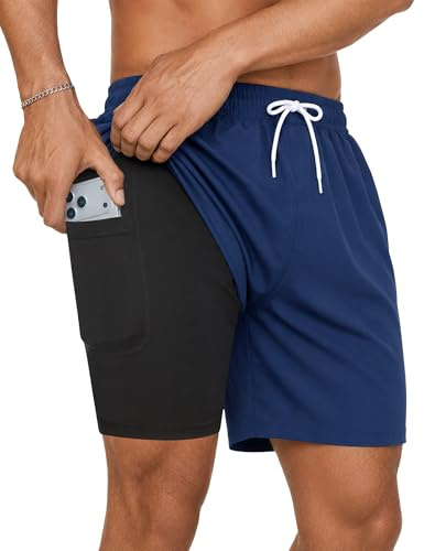 YUTYTH Mens Swim Shorts with Compression Liner Long Swimming Shorts Mens