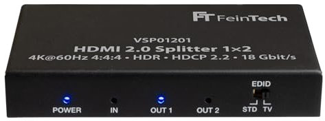 FeinTech VSP01201 HDMI 2.0 Splitter 1 auf 2 Verteiler Ultra-HD 4K@60Hz YUV 4:4:4 HDR HDCP 2.2 EDID 18 Gbps