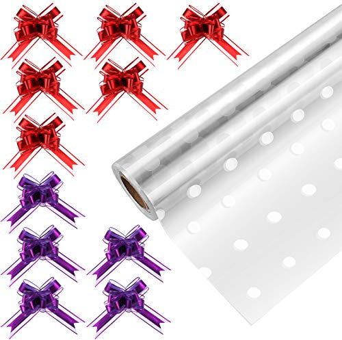 STOBOK Klares Cellophan,Transparent Geschenkpapier Rolle mit 20 Stück Pull Bögen Band | 40CM x 30M Zellophan,3 Mil Dicke Folienrolle zum Einwickeln von Geschenkkörben Blumenfolie Geschenkfolie Kunst