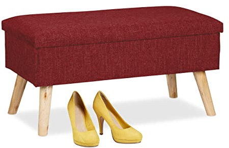 Relaxdays Sitzbank mit Stauraum, gepolsterte Truhenbank, modern, Holzbeine, Stoffbezug, HxBxT 39 x 77 x 39 cm, dunkelrot