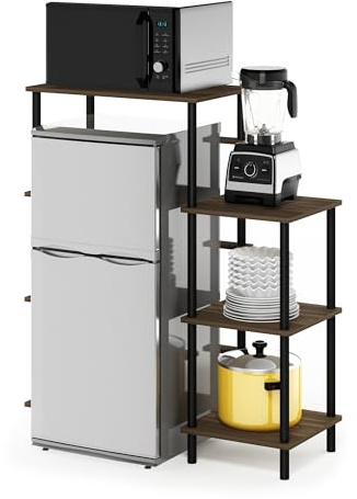 Furinno TURN-N-TUBE Coffee Bar, 4-Tier Bakers Rack with Mini Fridge Stand Shelf, Kitchen Shelves, for Pantry Organizers and Storage, Kitchen Organization, Columbia Walnut