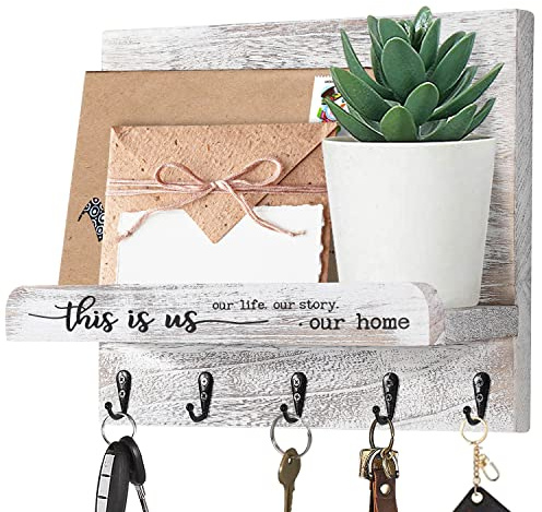 AOAOPQ Key Holder for Wall Decorative with Key Hooks Wall Mounted for Hanging Rustic Wood Key This is us Organizer for Entryway Living Room Bedroom Kitchen Hallway Key Hanger Antique White