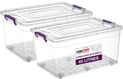 BH | 40L - 2 PCS Clear Large Plastic Storage Box with Lids on Wheels |Containers Multi Purpose use for Home, office, Kitchen, Toys, Clip Locked (40 Litres) - By BEST HOUSE
