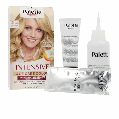 Schwarzkopf Palette Intensive Age Care - Tinta permanente 9.0 Biondo Chiaro - Confezione da 3- Colore ringiovanente con elisir di biotina