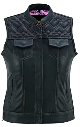 Leatherick Ladies Black Leather Motorcycle Vest - Traditional Paisley Satin Lining with Heart Stitching