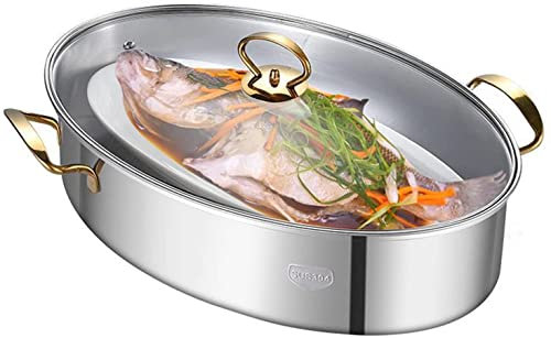 8Qt Vaporiera per Pesce Ovale, Pentole per Pentola per Pesce al Vapore in Acciaio Inossidabile 304 con Griglia, Padella in Ceramica, Mandrino per Pesce al Vapore, Zuppa Bollente,Gold