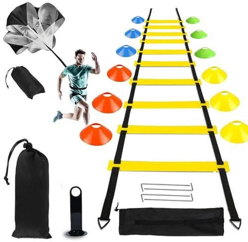 ZTWLEED Fussball Trainingszubehör,Koordinationsleiter 6M mit 4 Feste Erdnägel,10 Hütchen Fussball,Widerstand Fallschirm,Springseil,5 Widerstandsbänder,Fußball Trainingsset Fußball Geschenke für Jungs