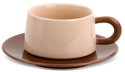 PTJJXA Conjuntos de Taza Café y Platillo, Tazas de Capuchino de Ceramica 220ml, Tazas de Cafe Espresso Porcelana con Plato para Moca, Té, Americano, Latte, Desayuno (Marrón Oscuro)