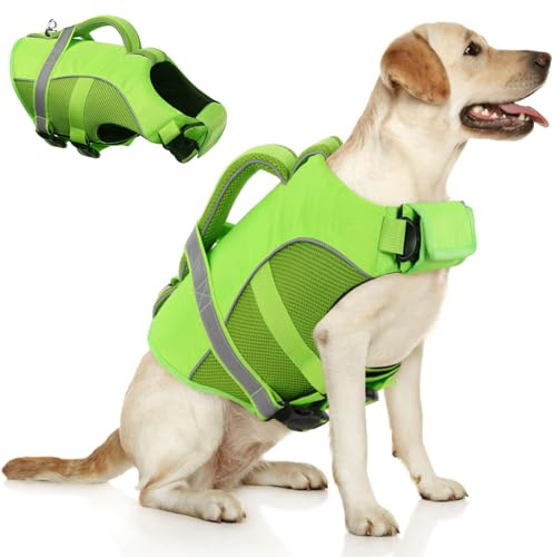 Queenmore Adjustable Ripstop Dog Life Vest for Swimming & Boating, Lifesaver with Superior Buoyancy & Rescue Handle, Green, M