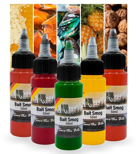 Zite Fishing Bait Smog Set - 5x50ml Lockmittel für Karpfen-Köder in 5 unwiderstehlichen Aromen von Ananas bis Vanille - UV-Aktiv - Idealer Lockstoff für Boilies, Mais, Pellets & Mehr