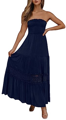 Robe de plage d'été pour femme - Robe bandeau ligne A fluide - Robe maxi sexy sans bretelles - Dos nu - Bordure en dentelle - Tunique élégante - Robe d'été à volants - Robe de loisirs - Robe de fête