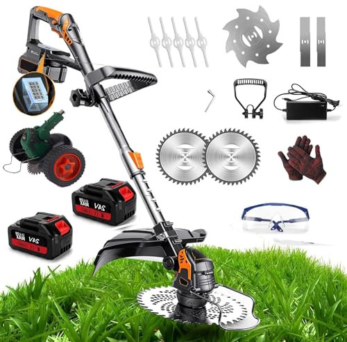 Taglia Erba Da Giardino A Batterie,2000w Taglia Erba Da Giardino Elettrico Potente Con 2 Batterie, 4 Tipi Di Lame, Testata Regolabile E Maniglia Telescopica Per Prato Campo Da Giardino (Niente ruote)