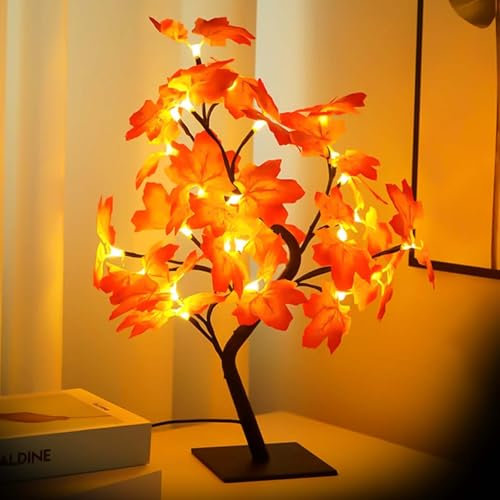 Ahornblatt Baum Lichter, Herbstdeko mit 24 LEDs, 45cm Lichterbaum Für Innen Herbst Deko, Schreibtisch Ahorn-Blätter Baumlicht Warmweiß, Lichterkette Blätter Für Thanksgiving Weihnachten Innen Deko