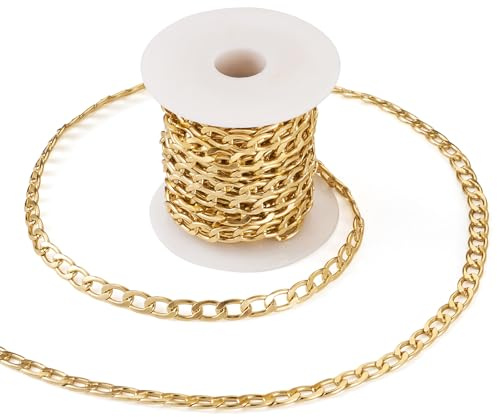 Spritewelry Catena barbazzale in alluminio placcata oro, 5 m, maglie intrecciate, non saldate, con bobina, per la creazione di gioielli, 10 x 6 x 1,6 mm