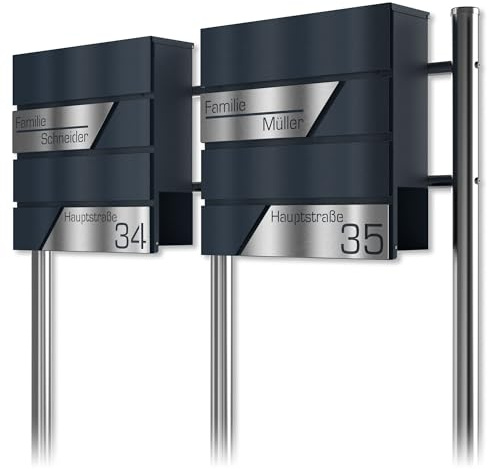 Graviers Design Cassetta postale doppia con base d'appoggio antracite RAL 7016 - Targhetta personalizzata in acciaio inox - Cassetta per le lettere con serratura