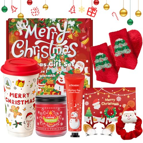 7PCS Gift Sets for Christmas, con Xmas Mug, with Lid, Red Christmas Stocking, Small Hand Cream, Christmas Hair Clips, Candles Scented, for Daughters, Best Friends, Sisters, Girlfriends, and Mothers
