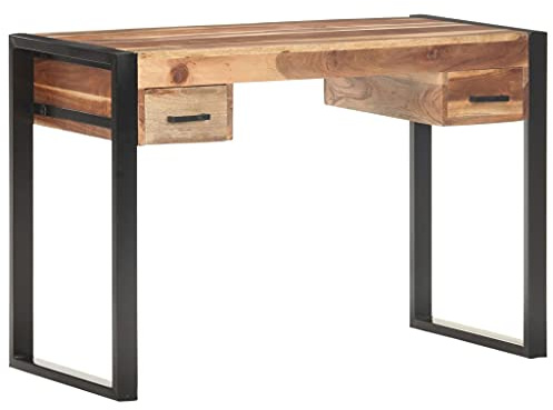 Skrivbord 110 x 50 x 76 cm, massivt trä akacia och gummiträd, med 2 lådor, stålram, vintage dator och kontorsskrivbord för hemmet