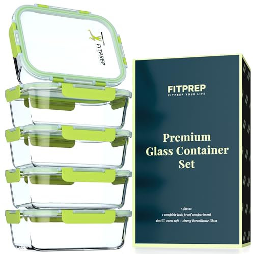 FITPREP Glasbehälter mit Deckel 10 teiliges Set [5 Vorratsdosen + 5 Abdeckungen] Premium Vorratsdosen mit Deckel luftdicht für Meal Prep, 880ml, Meal prep boxen, Lunchbox, nachhaltig & vielseitig.