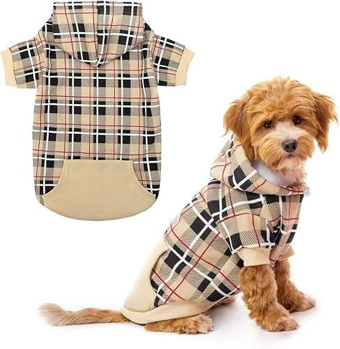 EXPAWLORER Plaid Dog Hoodie British Style - Tartan Pet Clothes Warm Dog Jumper with Lead Hole, Hooded Puppy Sweatshirt Cold Weather Clothing Outfit, Winter Coat for Small Medium Large Dogs, Beige XS