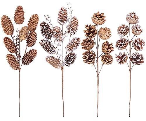 4 Pcs Large Natural Pinecone Branches Ornaments - 14 Snow Pinecones Picks