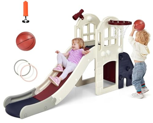 GOPLUS Toboggan pour Enfants, Glissière de Toboggan 6 en 1 avec Rail de Protection Haut, Pédale Détachable et Mur d’Escalade Pratique, Tunnel, Panier de Basket et Télescope Équipés (Bleu)