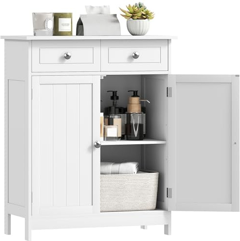 kleankin Armario Auxiliar de Baño Mueble Auxiliar de Baño con 2 Cajones 2 Puertas y Estante Ajustable Estilo Moderno para Ducha Dormitorio 60x30x75 cm Blanco