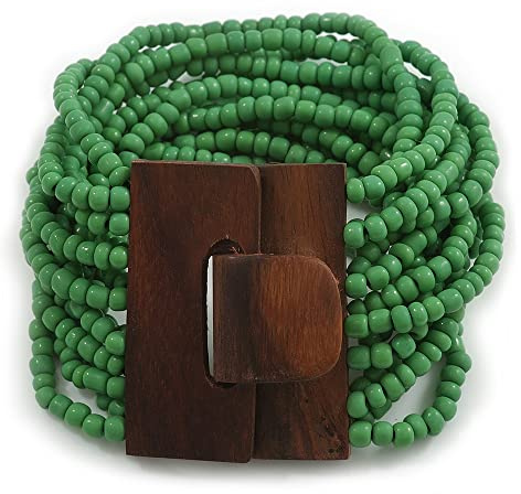 Avalaya Pulsera flexible de cuentas de cristal verde manzana con cierre de madera, Brazalete, 18 cm de largo, talla única, Madera