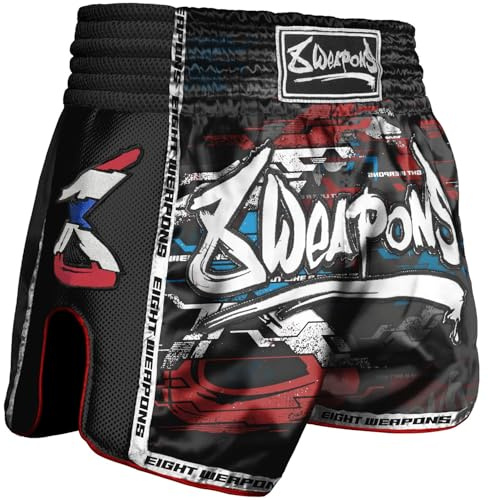 8 WEAPONS Muay Thai Shorts Cut Like a Blade 2.0, Schwarz, Größe L, Kickboxhose für Training & Wettkampf, Thaibox Shorts Satin, Atmungsaktiv, Langlebig, Kampfsporthose für MMA, K1, Boxen, Thai Boxen