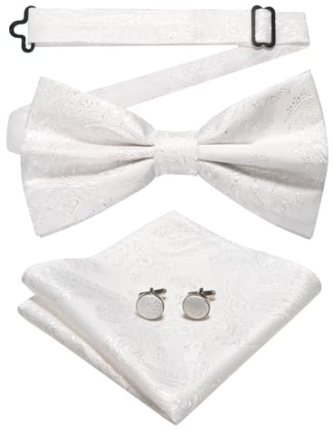 JEMYGINS Herrfluga med cashewblomdesign retrodesign med manschettknappar och näsduk, Vit, M