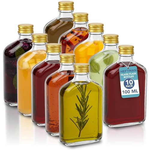 HEFTMAN Botellas de vidrio pequeñas, 100 ml, vacías, con tapa dorada, herméticas, reutilizables, con tapa, perfectas para gin, vino, vinagre, bebidas caseras, salsas, decoraciones, paquete