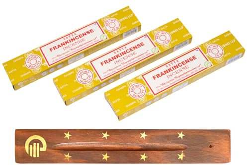 Original Satya Frankincense Incense Sticks Pack of 3X 15G with Greensense Holder for Aromatherapy, Spa, Yoga, Weddings, Meditation, Healing, Positivity and Relaxation
