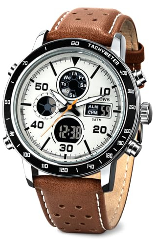 PINDOWS Watches for Men, Men Military Digital Analog Casual Dual Time Leather Wristwatch Multifunctional Fashion Watch with LED Backlight Alarm Stopwatch Calendar