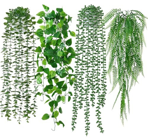 Betylifoy Artificial Hanging Plant with Pot Fake Hanging Plants 4PCS Faux Plants for Indoors Trailing Plants Indoor Faux Eucalyptus Potted Plant for Home Garden Office Decor (Green Fern)