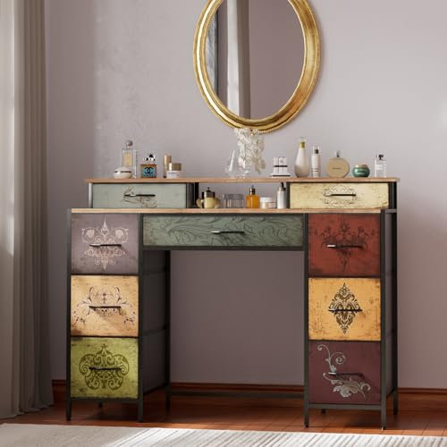 VASICAR Dresser for Bedroom with 9 Drawers & 2 Open Shelves, Fabric Storage Cabinet, Chest of Drawers, Long Dresser for Closet, Wooden Top & Metal Frame, Pattern