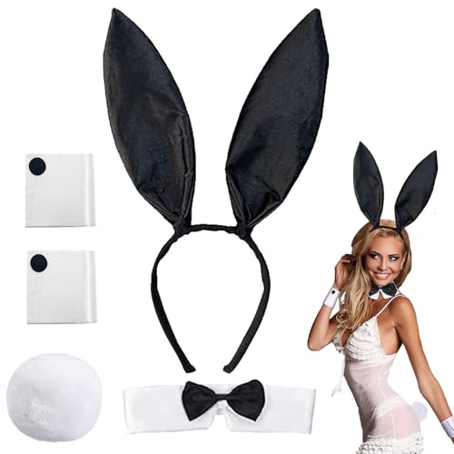 XIEXIESHER Costume De Lapin Set, 5 PièCes Costume De Lapin Pour Femme Avec Oreilles De Lapin Bandeau, NœUd Papillon, Manchettes, Queue, Pour Carnaval, Halloween, Cosplay (Noir)