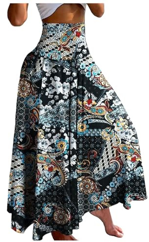 2025 Faldas Mujer Verano Falda Bohemia con Cordones Estampado Floral Falda Larga Fluida Falda Boho Holgada Dividida Mujer Con Conjunto De Parte Superior, Blanco, XXL