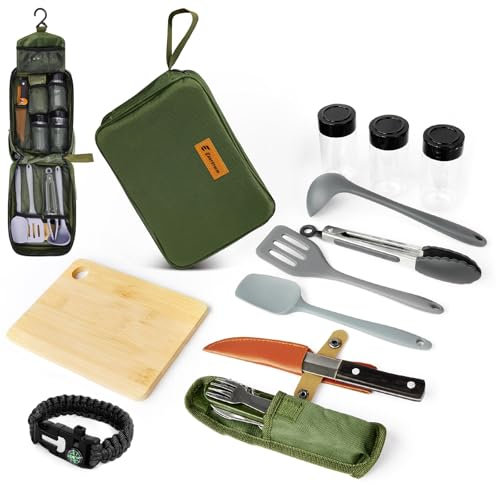 Camping Küchenhelfer Set mit Wasserdichter Tasche – kompaktes und Leichtes Kochgeschirr für Camping, Outdoor, Wandern und Bergsteigen – Ideales Set für Rucksäcke