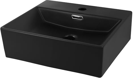 LuxeBath Lavabo en Céramique Noir Mat 415 x 360 x 130 mm, avec Trop-plein et Trou de Robinetterie, Design Moderne et Élégant, Vasque de Salle de Bain/WC à Poser ou Montage Mural, Facile à Installer