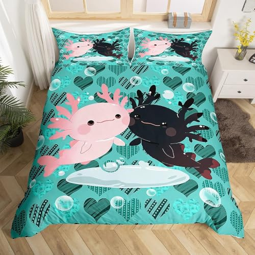 Loussiesd Cute Axolotl Bedding Super Extra Large Children'S Decor Axolot Double Duvet Cover Green Girl Boy Teen 3 Pcs Microfiber Bedding Set Animal Theme Bedroom