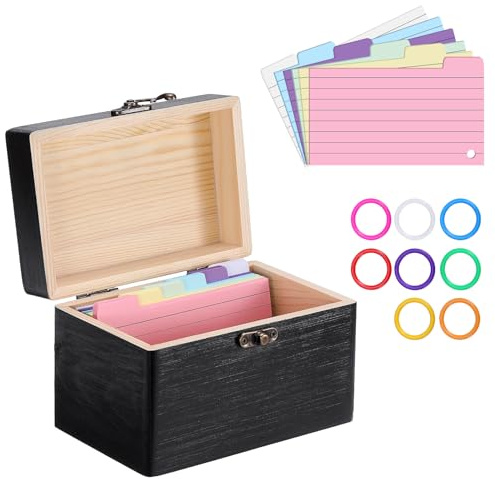 BSTKEY 1 Pc Wood 3 * 5 inch Index Card Box Storage Organizer, Home Office Recipe Card Holder Countertop Name Card Storage with 150 Notepapers & 8 Rings (Black)