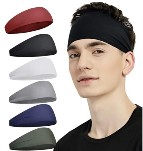 QZLSAYSL Headbands for Men, 6 Pack， Sweat Bands Head Sports Hair Bands Elastic Head Bands Men Running Gym Accessories (Black + White + Grey + Green + Red + Blue)