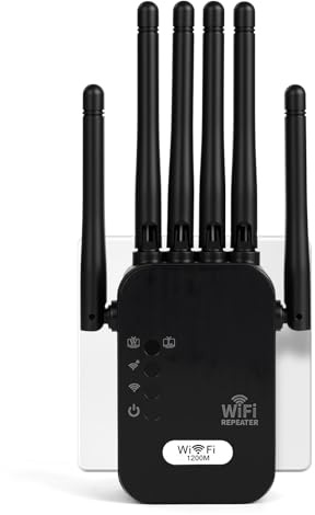 AOOSU WiFi Repeater 1200Mbps with 6 High-Gain Antennas, Black WiFi Extender Booster Supporting Repeater/AP Dual Modes, Built-in Ethernet Port for Seamless Connection of All WiFi Devices