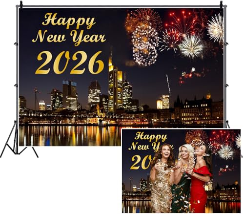 SDOTPMT 2,2 x 1,5 m nyårsfest bakgrund gyllene gott nytt år 2026 färgglad fyrverkeri stad skyline flod fotografi bakgrund firande evenemang porträtt foto båtrekvisita